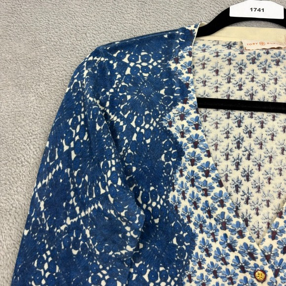 Tory Burch 100% Wool Cardigan Sweater Womens XS Blue Geometric Old Money Classic - Picture 3 of 16